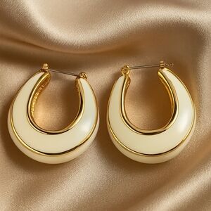 Luxe Enamel Crescent Hoop Earrings – Gold Trimmed Elegance 1" - Beige